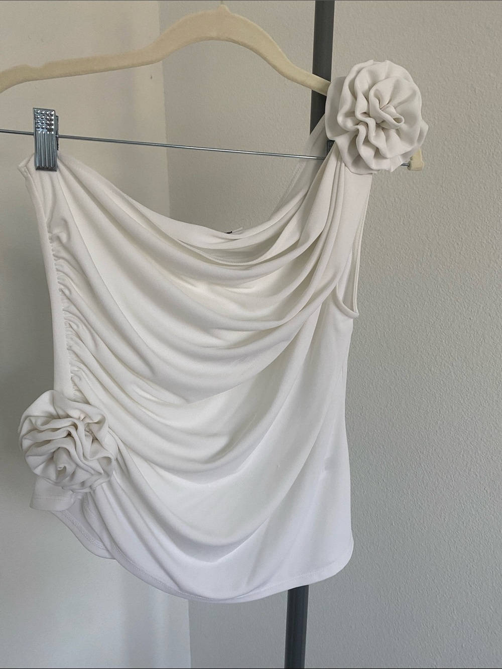 Elegant White Drape-Front Women's top with Floral Detail